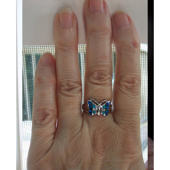 .925 STERLING SILVER Lab Created Blue Fire Opal Inlay Butterfly Ring - Picture 11 of 13